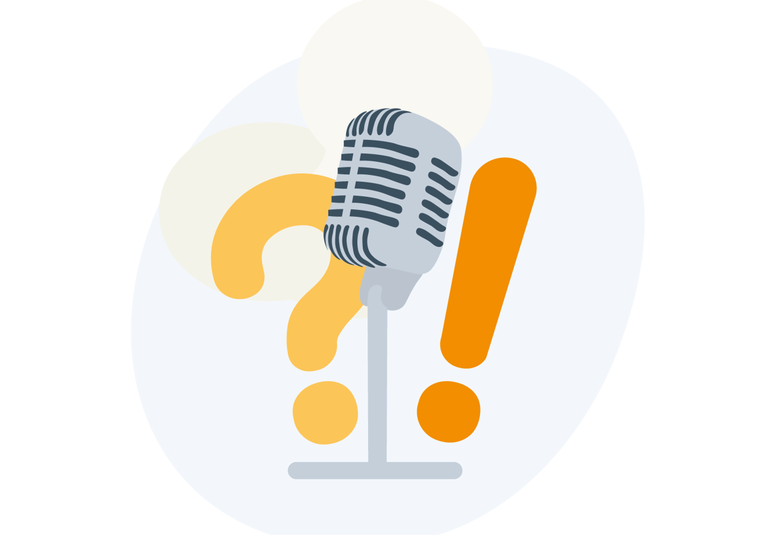 Podcast mikrofon med udråbstegn og spørgsmålstegn