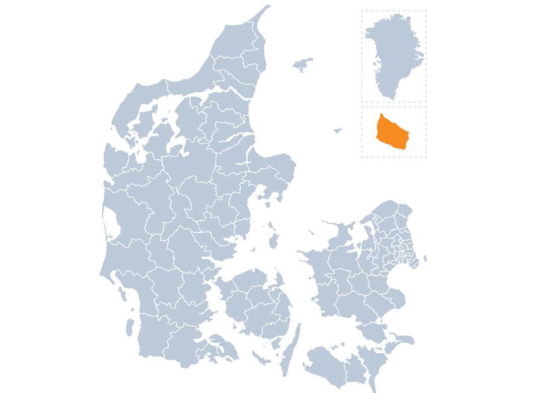 Danmarkskort med kreds Bornholms geografiske område markeret med orange