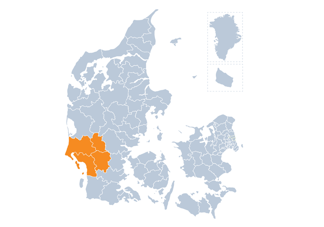 Danmarkskort med Kreds Sydvestjyllands geografiske dækningsområde markeret med orange.