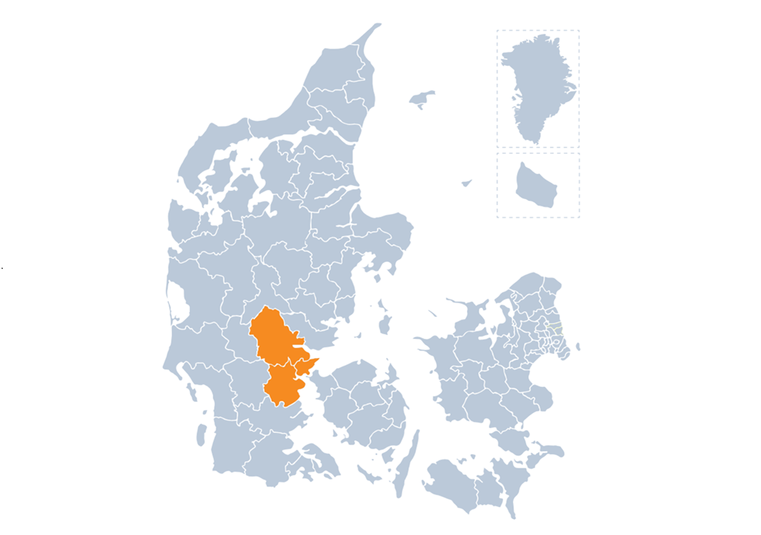 Danmarkskort med Kreds Trekantens geografiske dækningsområde markeret med orange.