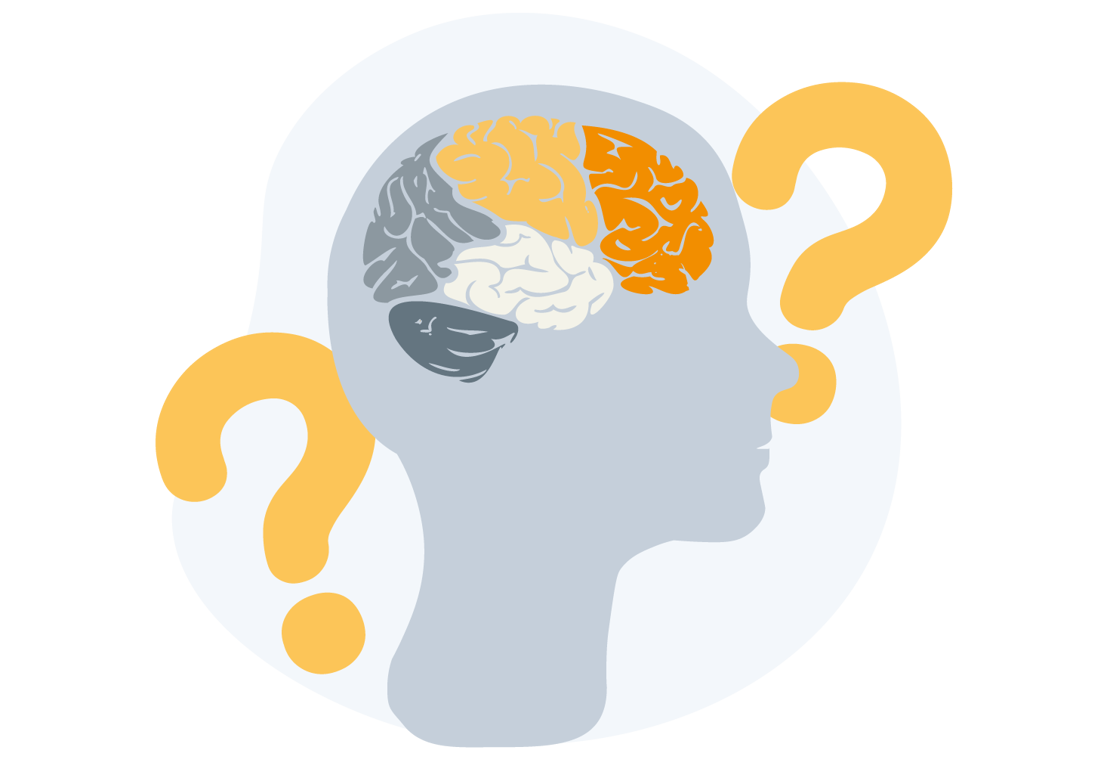 En hjerne med flere farver og spørgsmålstegn