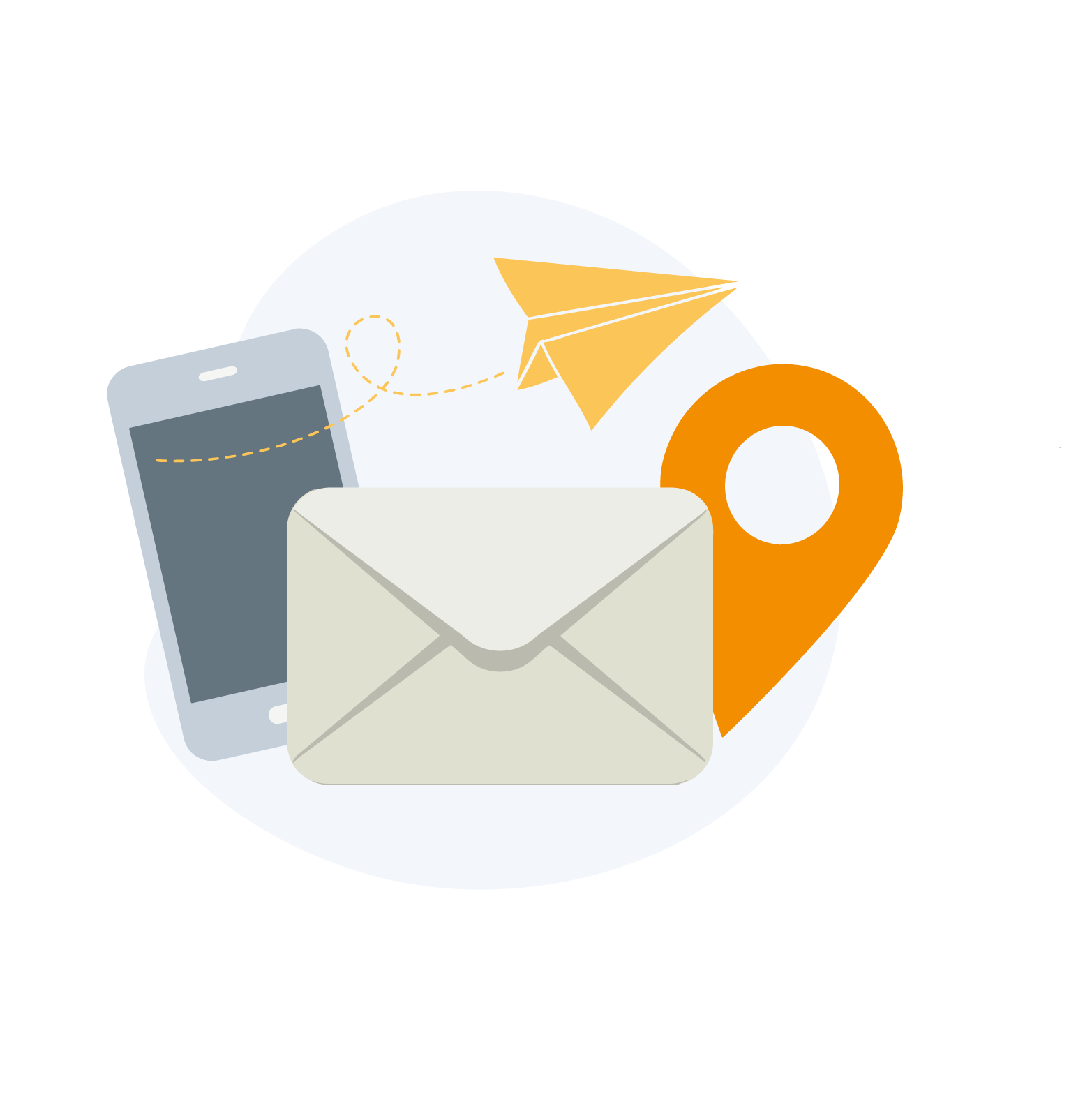 En Smartphone, et brev, et papirfly, og en lokationsprik