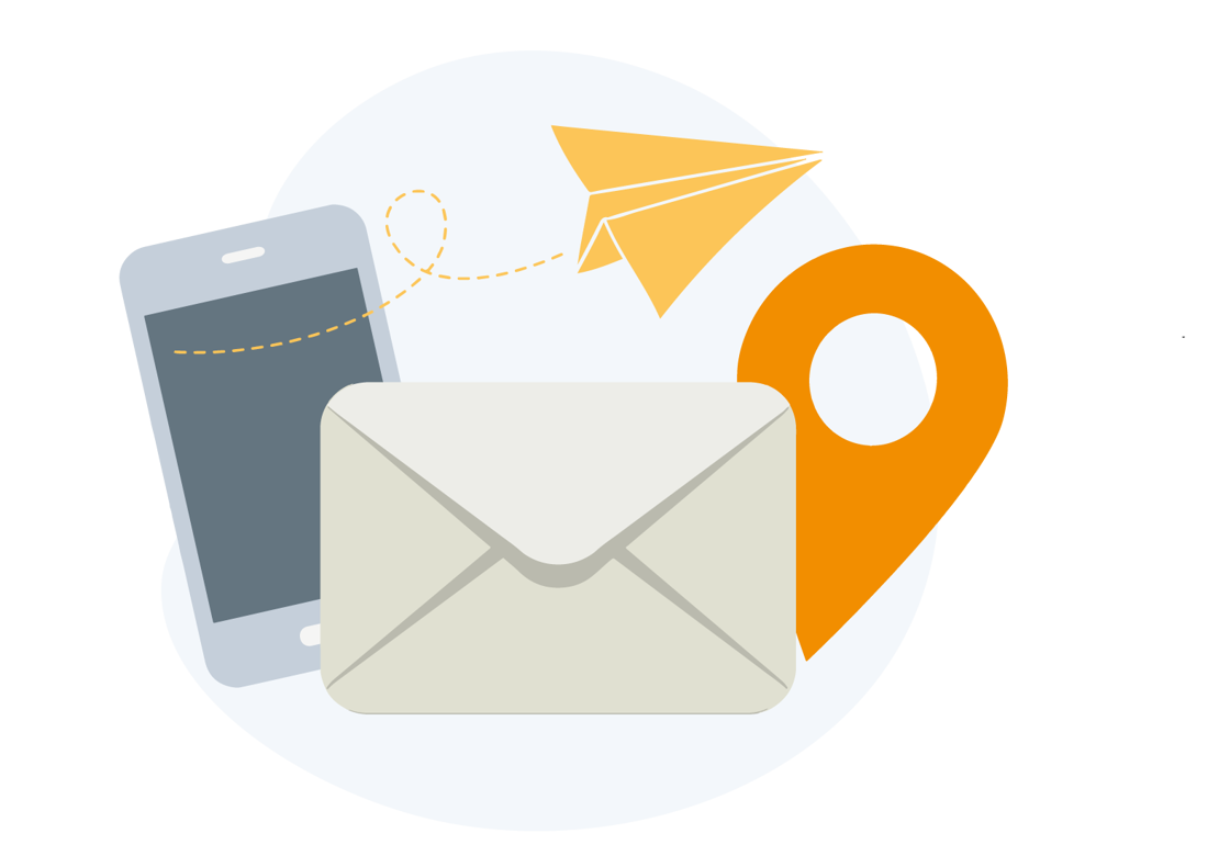 En Smartphone, et brev, et papirfly, og en lokationsprik