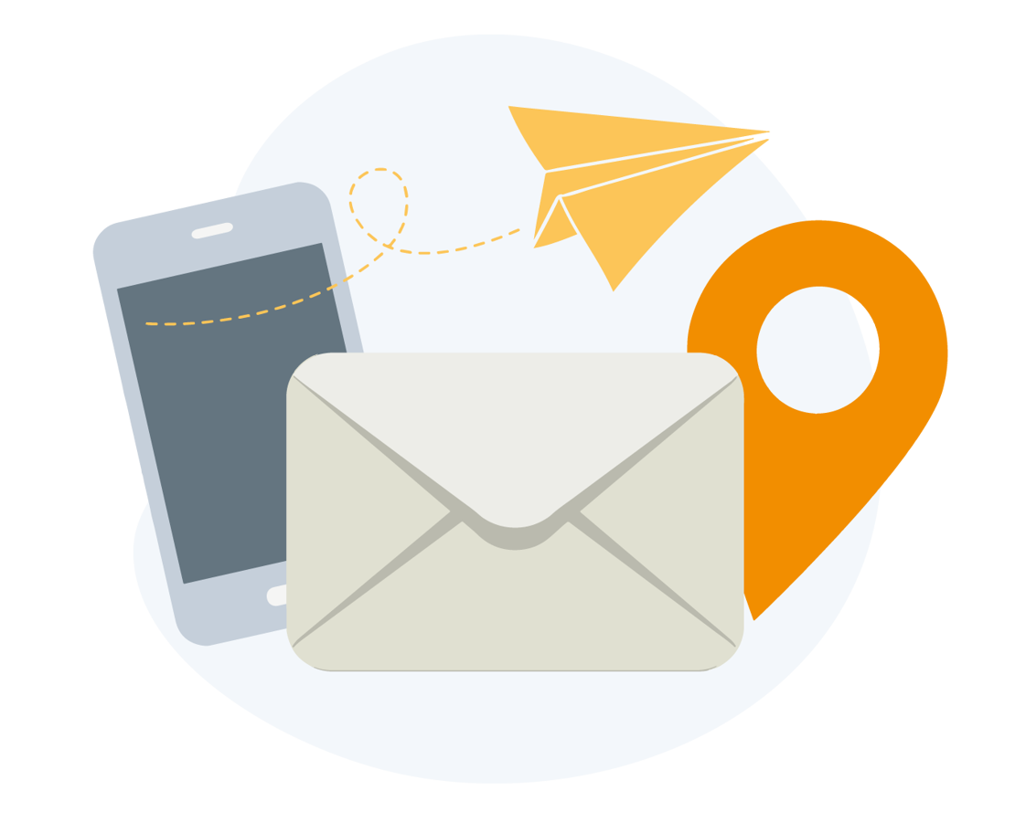 En Smartphone, et brev, et papirfly, og en lokationsprik