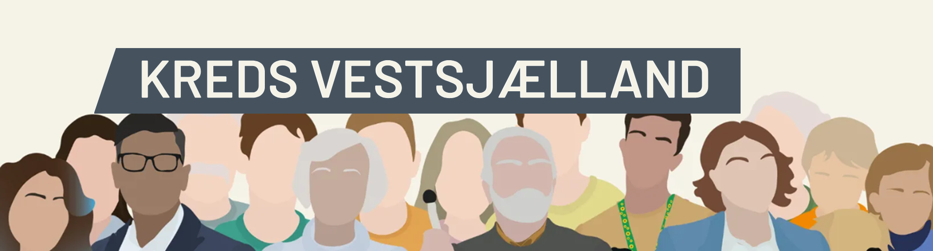 Illustration af mange mennesker. Ovenover teksten: Kreds Vestsjælland