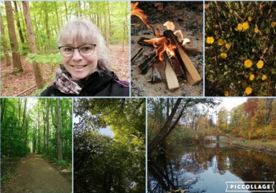 Billedecollage sammensat af billeder af skov, bål og Marianne Gürtler
