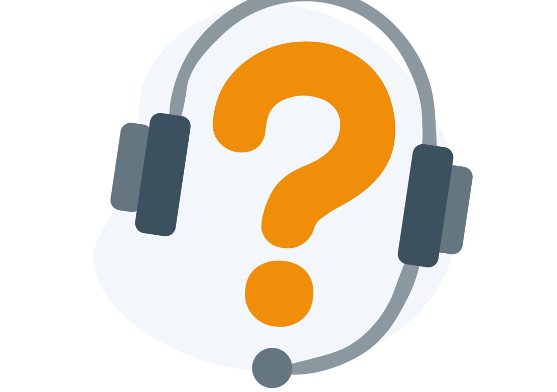 Orange spørgsmålstegn med headset på