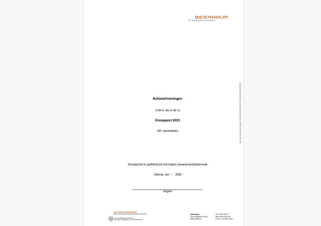 Forside af rapport. Hvid baggrund med tekst. Øverst højre hjørne: "Beierholm. vi skaber balance"
Midt: Autismeforeningen. Årsrapport 2023