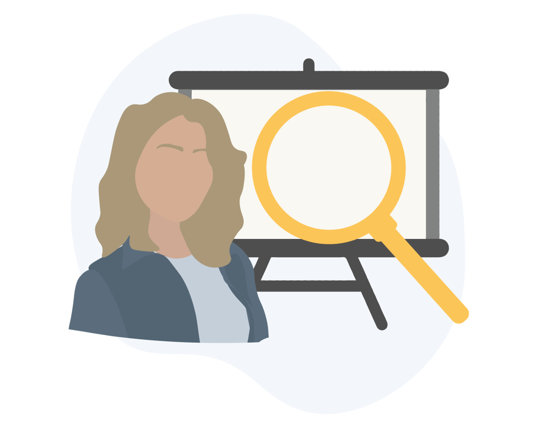 Person foran presentation med forstørrelsesglas