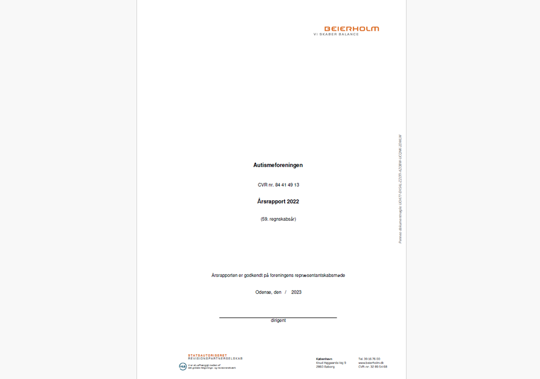 Forside af rapport. Hvid baggrund med tekst. Øverst højre hjørne: "Beierholm. vi skaber balance"
Midt: Autismeforeningen. Årsrapport 2022