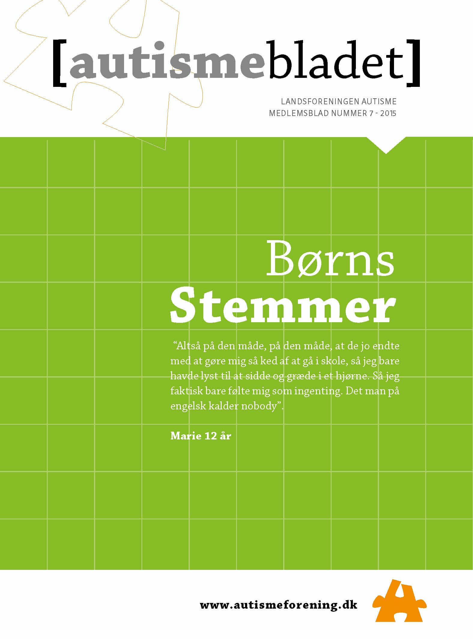 Forside af Autismebladet 2015, nr. 7, tema: Børns stemmer